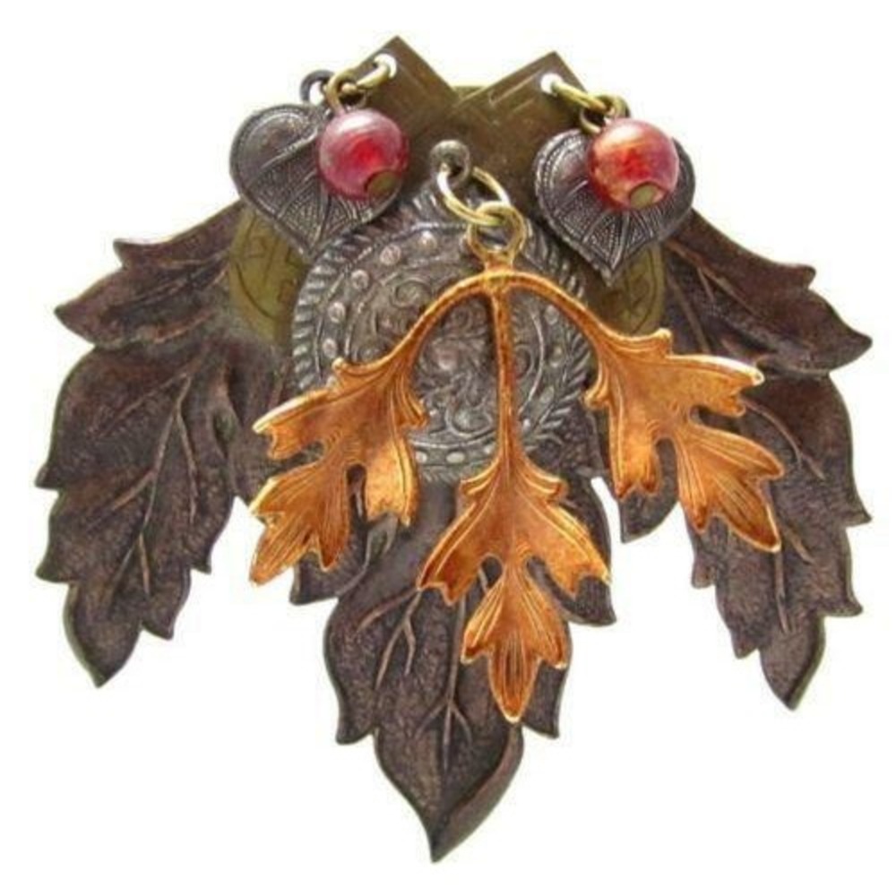 Artisan Made Autumn Leaves Large‎ Ornate Brass Copper Tone Floral Brooch Pin